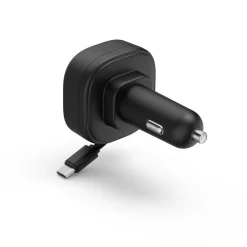 Auto-Schnellladegerät, 2x USB-C, ausziehbares Ladekabel, PD, 30 W, Schwarz