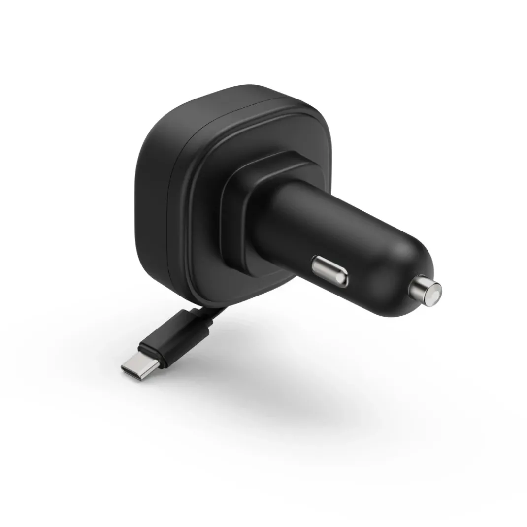 Auto-Schnellladegerät, 2x USB-C, ausziehbares Ladekabel, PD, 30 W, Schwarz
