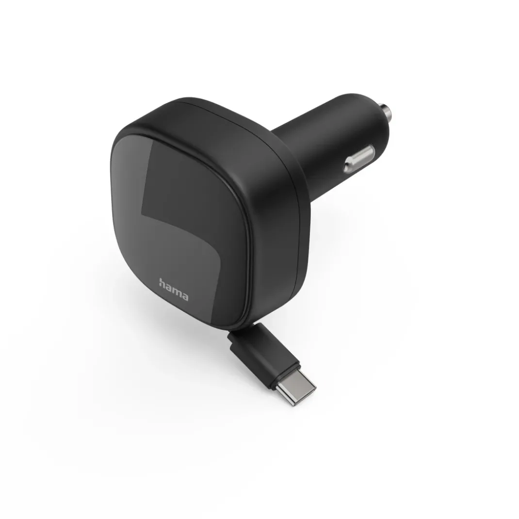 Auto-Schnellladegerät, 2x USB-C, ausziehbares Ladekabel, PD, 30 W, Schwarz