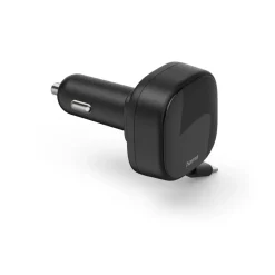 Auto-Schnellladegerät, 2x USB-C, ausziehbares Ladekabel, PD, 30 W, Schwarz