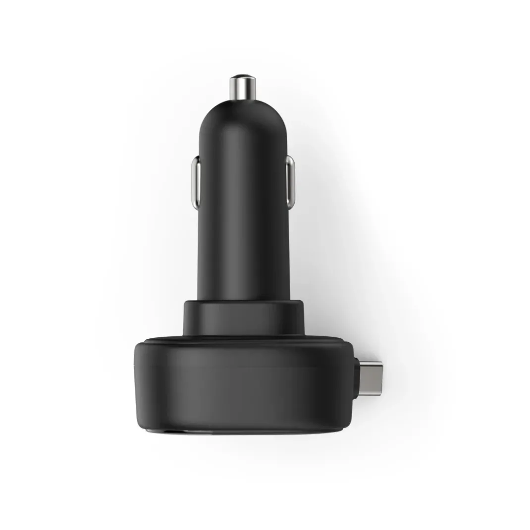 Auto-Schnellladegerät, 2x USB-C, ausziehbares Ladekabel, PD, 30 W, Schwarz