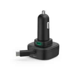 Auto-Schnellladegerät, 2x USB-C, ausziehbares Ladekabel, PD, 30 W, Schwarz