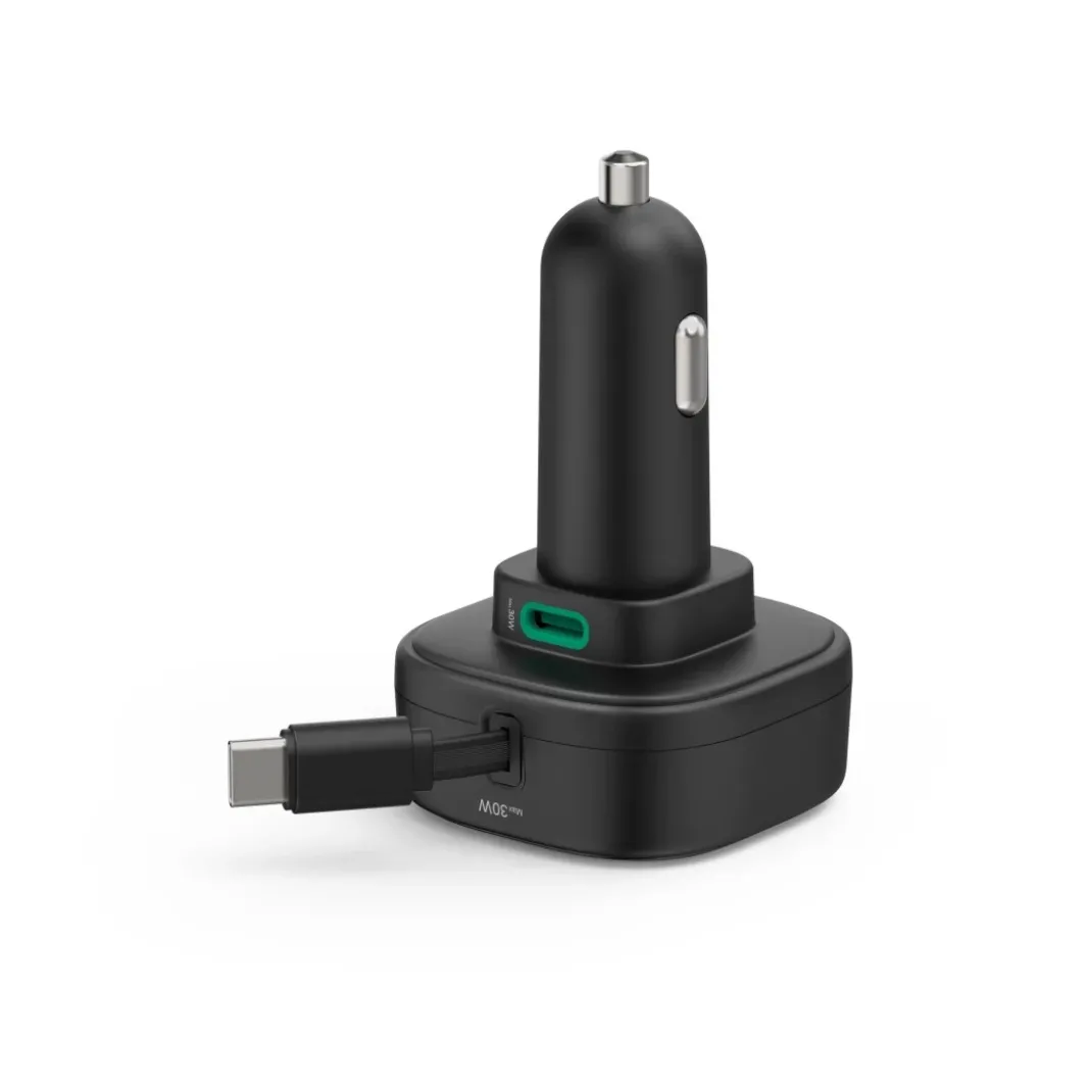 Auto-Schnellladegerät, 2x USB-C, ausziehbares Ladekabel, PD, 30 W, Schwarz