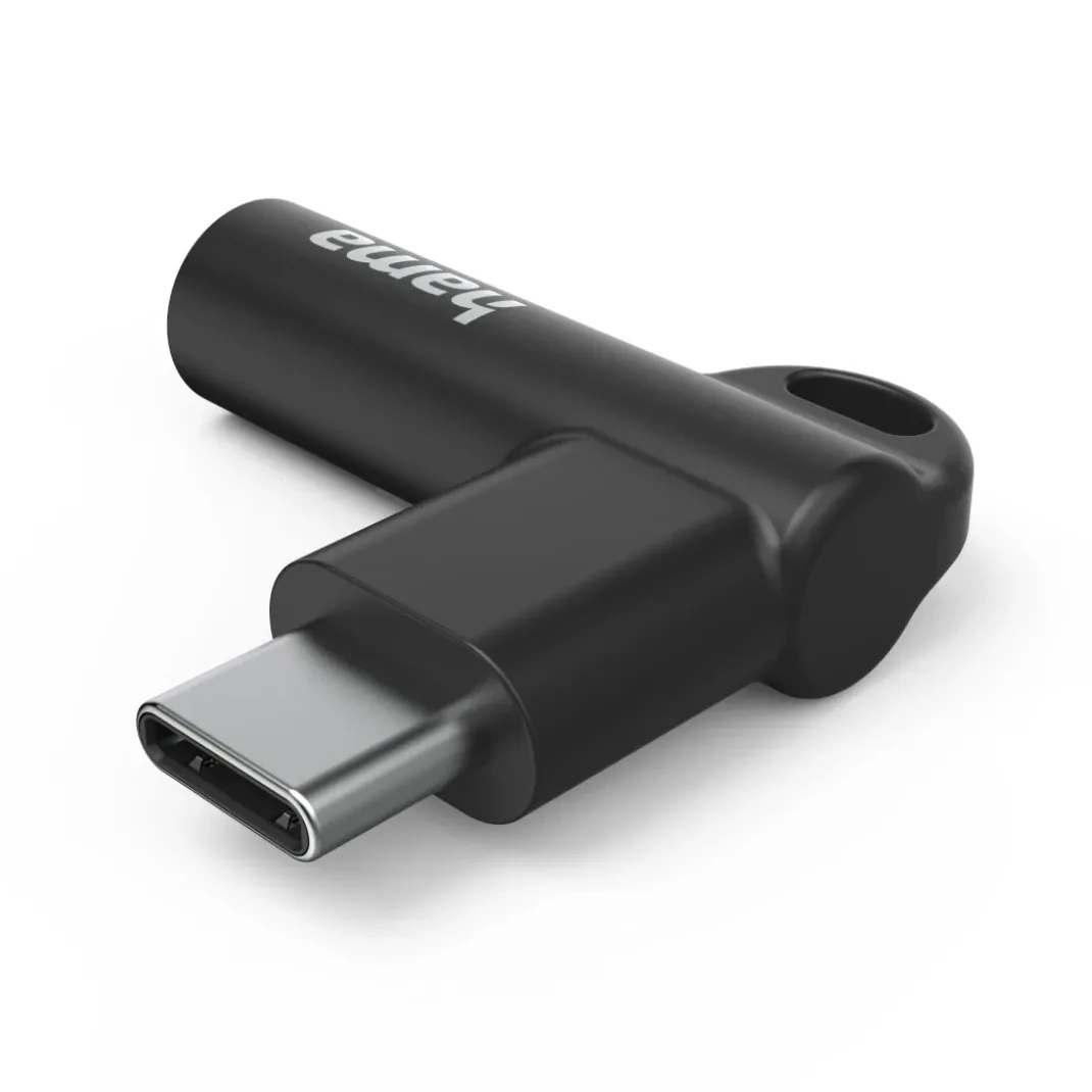 Aux-Adapter USB-C – 3,5-mm-Klinke-Buchse, 90° Winkelstecker, Schwarz
