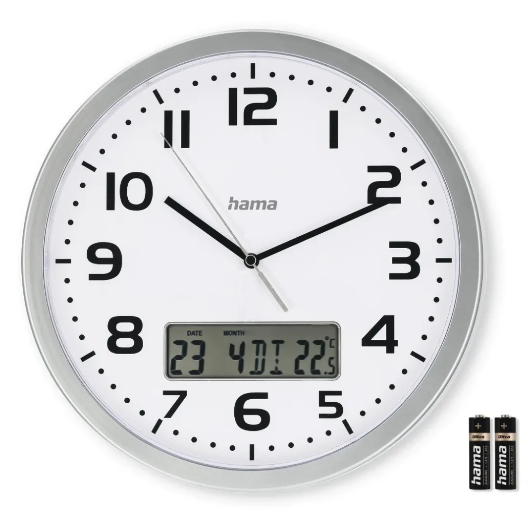 DCF-Funkwanduhr "Moorea" mit Datums- und Temperaturanzeige, Ø 30 cm, Silber
