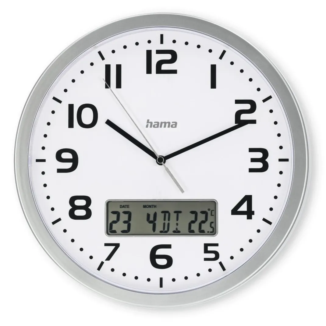DCF-Funkwanduhr "Moorea" mit Datums- und Temperaturanzeige, Ø 30 cm, Silber