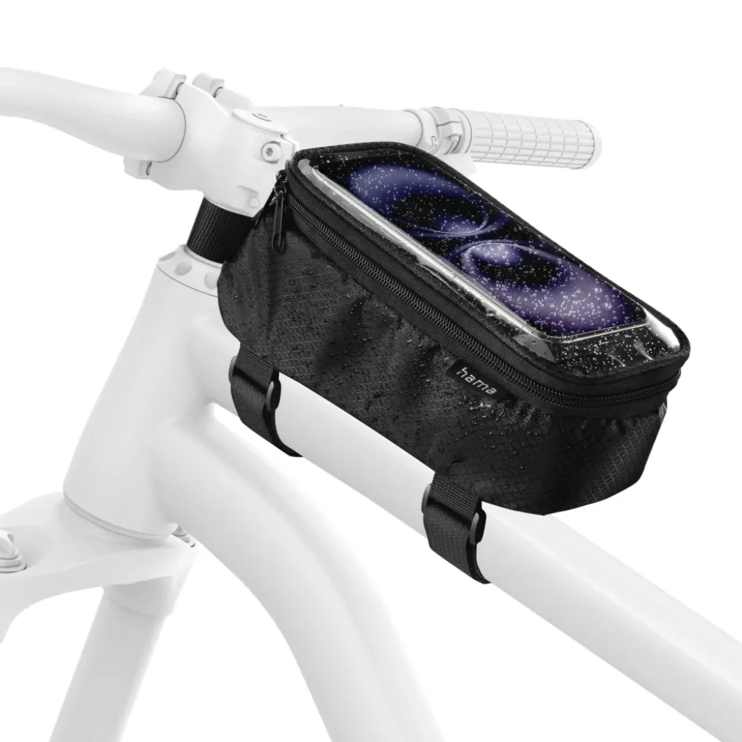 Fahrrad-Rahmentasche mit durchsichtigem Handy-Fach, für Oberrohr, Schwarz