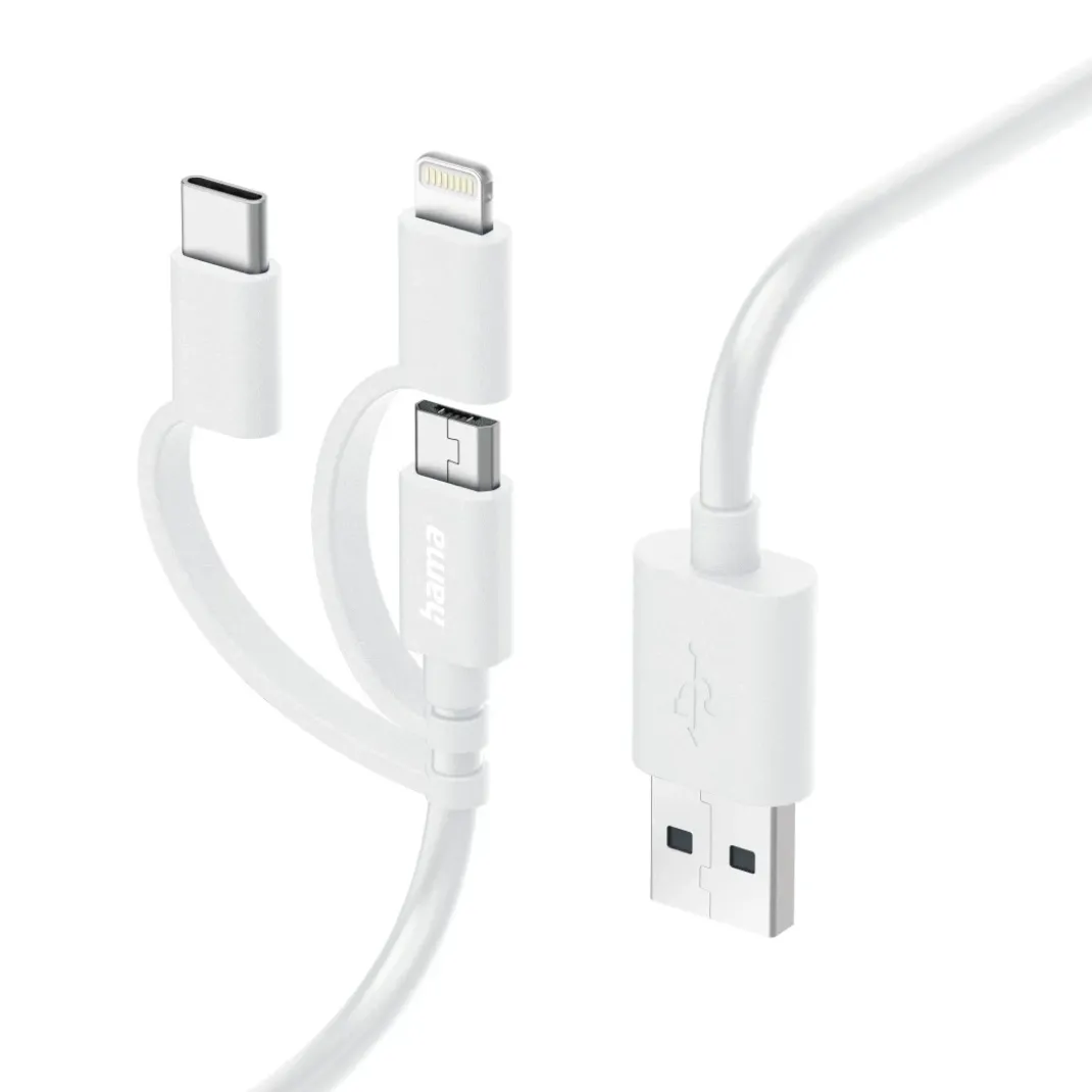 3in1 Multi-Ladekabel, USB-A - Micro-USB, USB-C und Lightning, 1,0 m, Weiß
