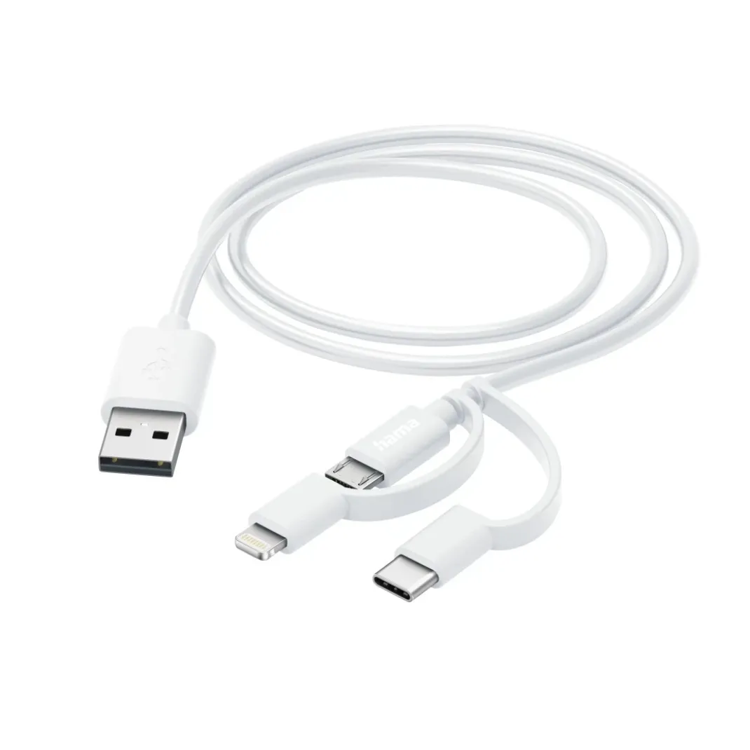 3in1 Multi-Ladekabel, USB-A - Micro-USB, USB-C und Lightning, 1,0 m, Weiß