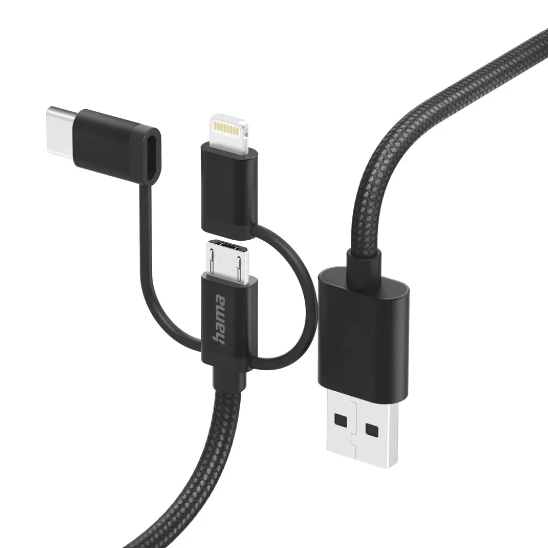 3in1 Multi-Ladekabel, USB-A - Micro-USB, USB-C u. Lightning, 1,5 m, Schwarz