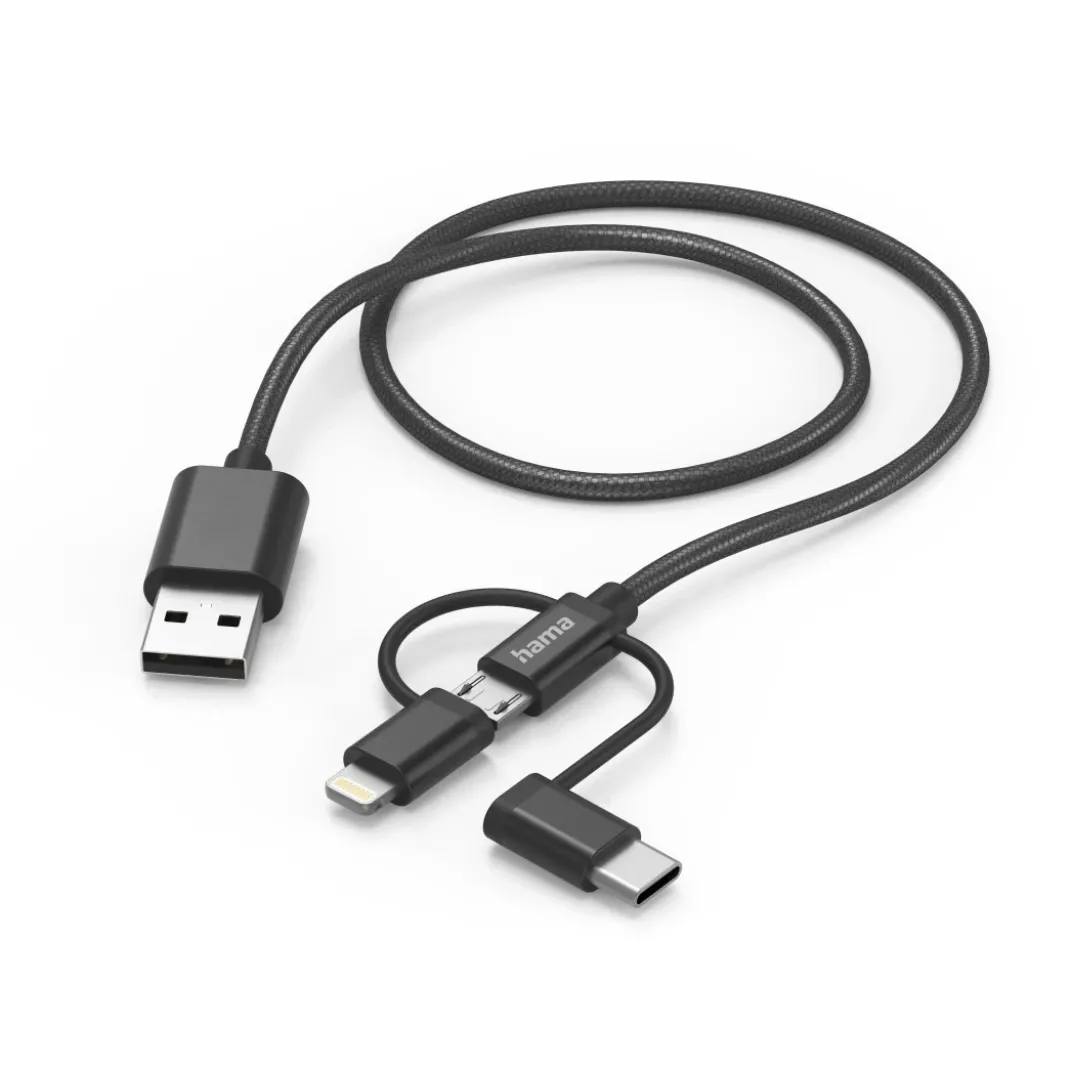 3in1 Multi-Ladekabel, USB-A - Micro-USB, USB-C u. Lightning, 1,5 m, Schwarz