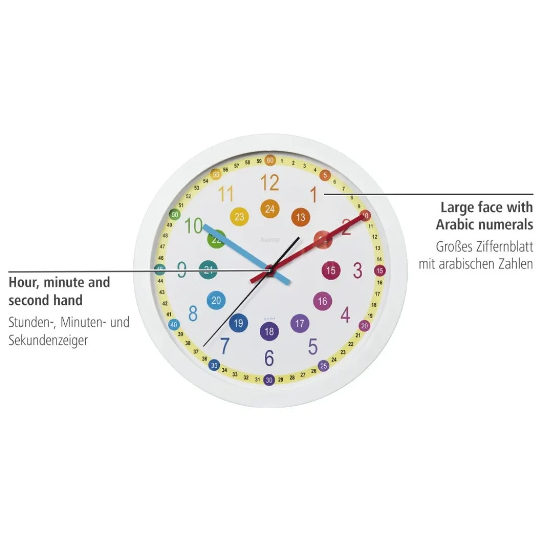 Kinder-Wanduhr "Easy Learning", Durchmesser 30 cm, geräuscharm
