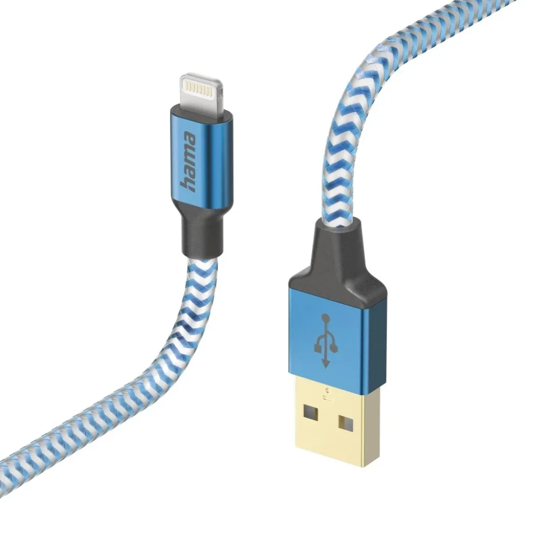 Ladekabel "Reflective", USB-A - Lightning, 1,5 m, Nylon, Blau