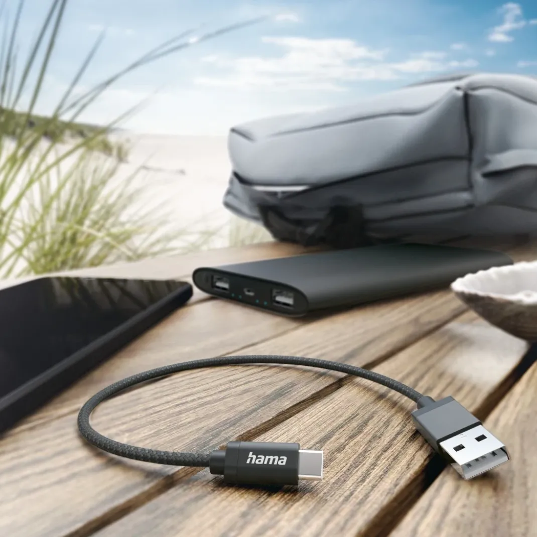 Ladekabel, USB-A - USB-C, 0,2 m, Nylon, Schwarz