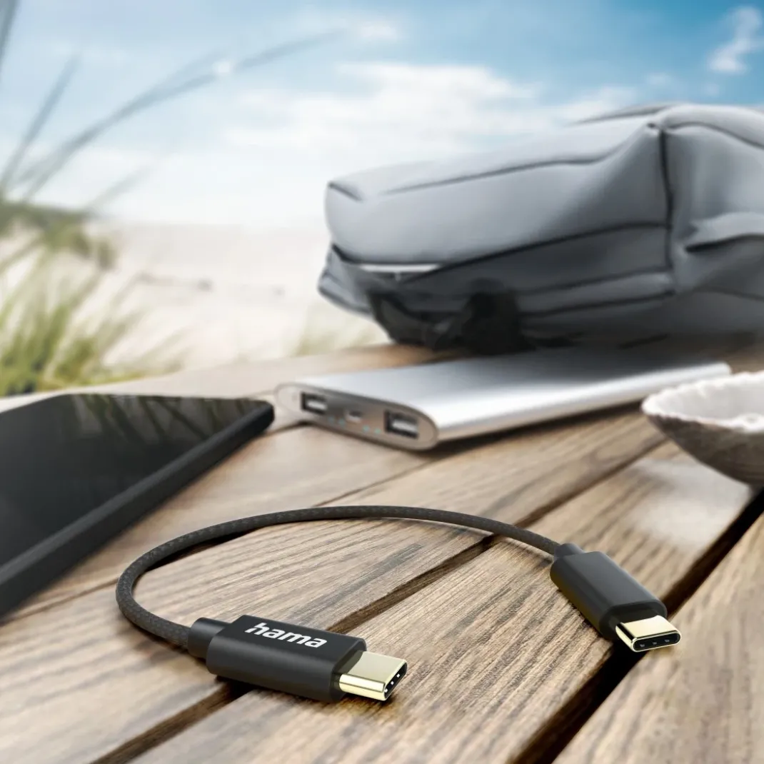 Ladekabel, USB-C - USB-C, 0,2 m, Nylon, Schwarz