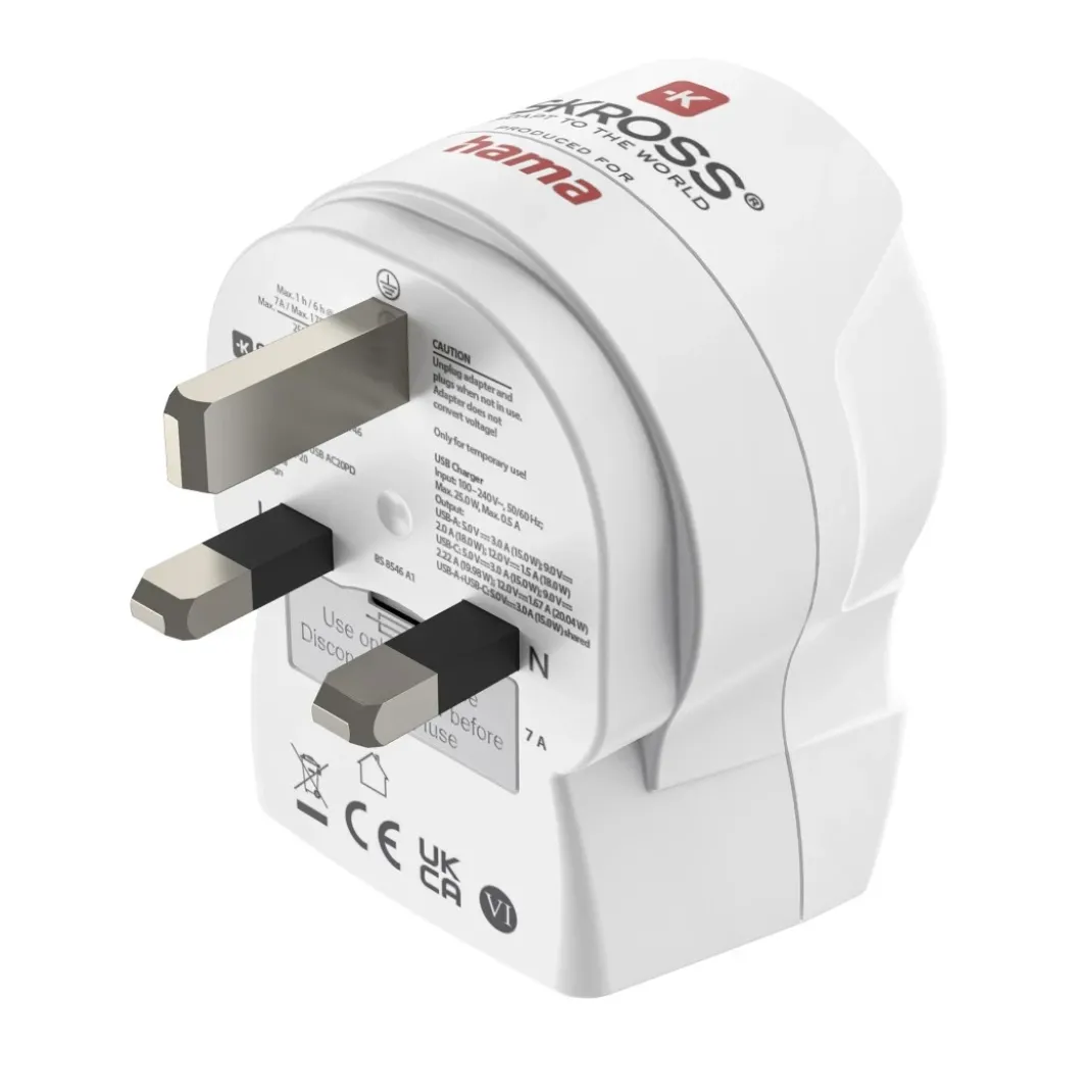 Reiseadapter, "EU to UK", 1x USB-A, 1x USB-C (PD), 20 W