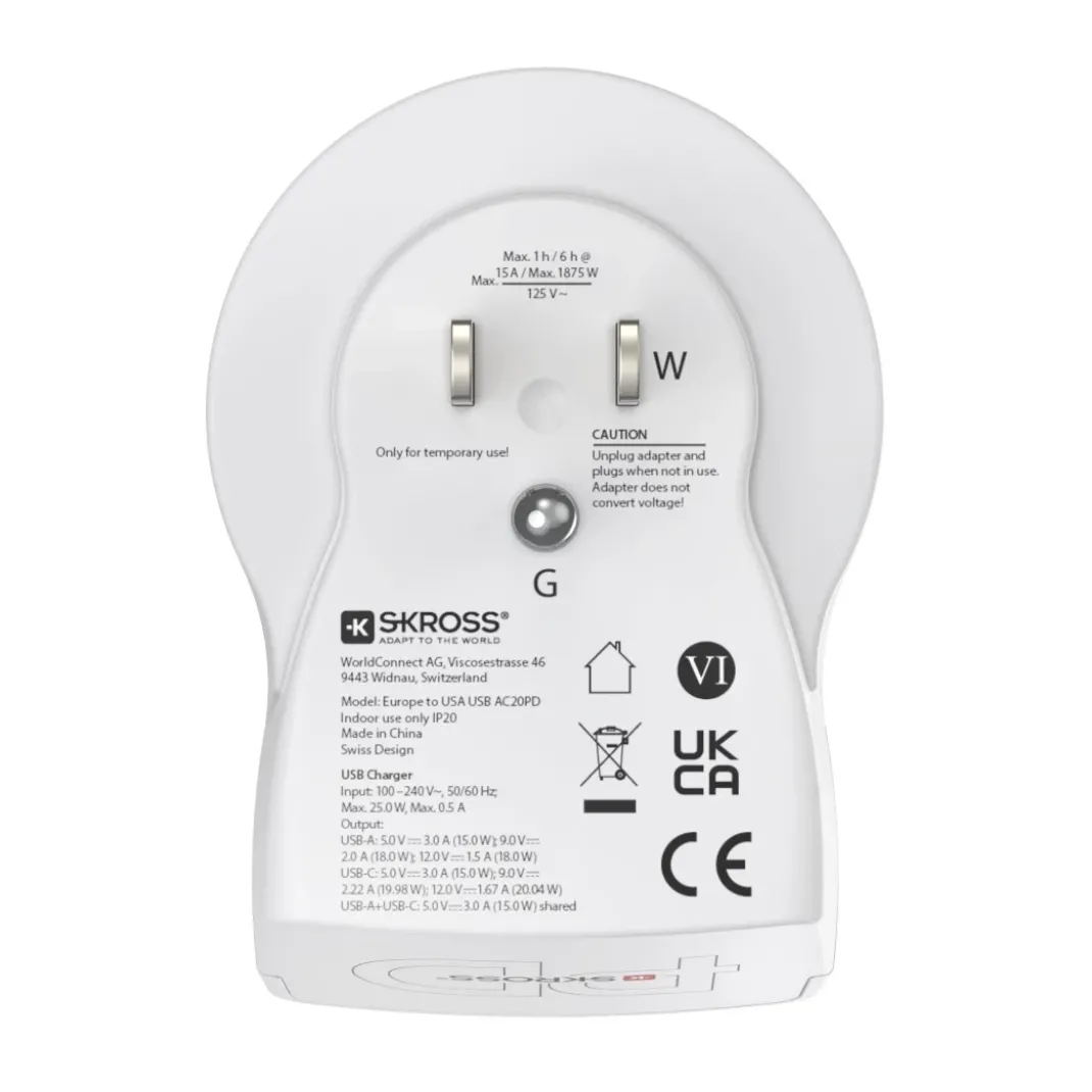 Reiseadapter, "EU to US", 1x USB-A, 1x USB-C (PD), 20 W