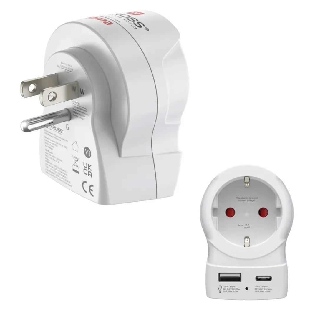 Reiseadapter, "EU to US", 1x USB-A, 1x USB-C (PD), 20 W