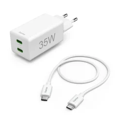 Schnellladegerät + Kabel, 2x USB-C, PD/QC, Mini-Ladegerät, 35W, 1 m, Weiß