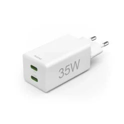 Schnellladegerät + Kabel, 2x USB-C, PD/QC, Mini-Ladegerät, 35W, 1 m, Weiß