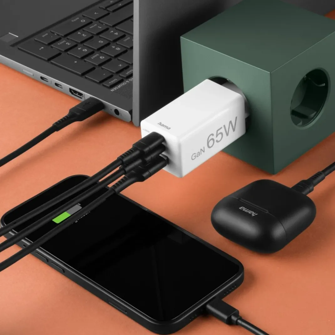 Schnellladegerät, GaN, 2x USB-C, 1x USB-A, Mini-Ladegerät, PD, 65 W, Weiß