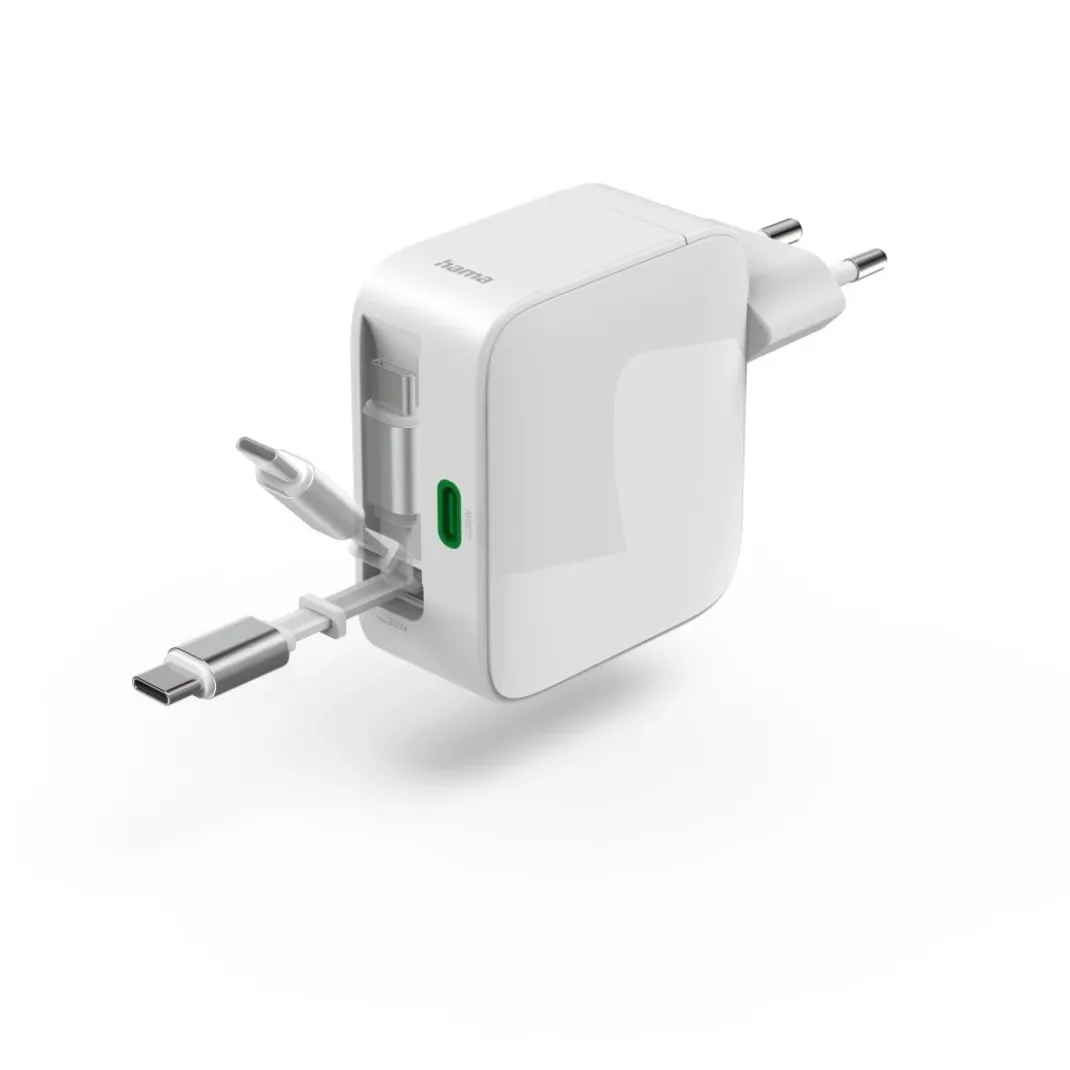 Schnellladegerät, GaN, 2x USB-C, ausziehbares Ladekabel, PD, 65 W, Weiß