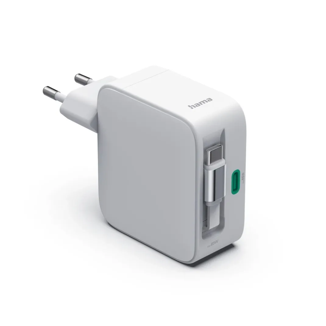 Schnellladegerät, GaN, 2x USB-C, ausziehbares Ladekabel, PD, 65 W, Weiß