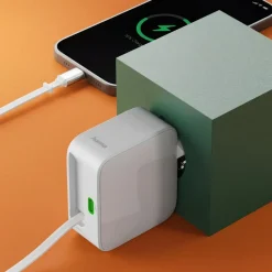 Schnellladegerät, GaN, 2x USB-C, ausziehbares Ladekabel, PD, 65 W, Weiß
