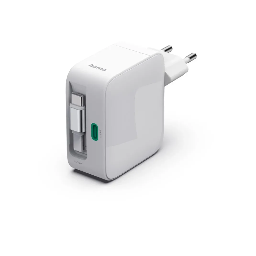 Schnellladegerät, GaN, 2x USB-C, ausziehbares Ladekabel, PD, 65 W, Weiß
