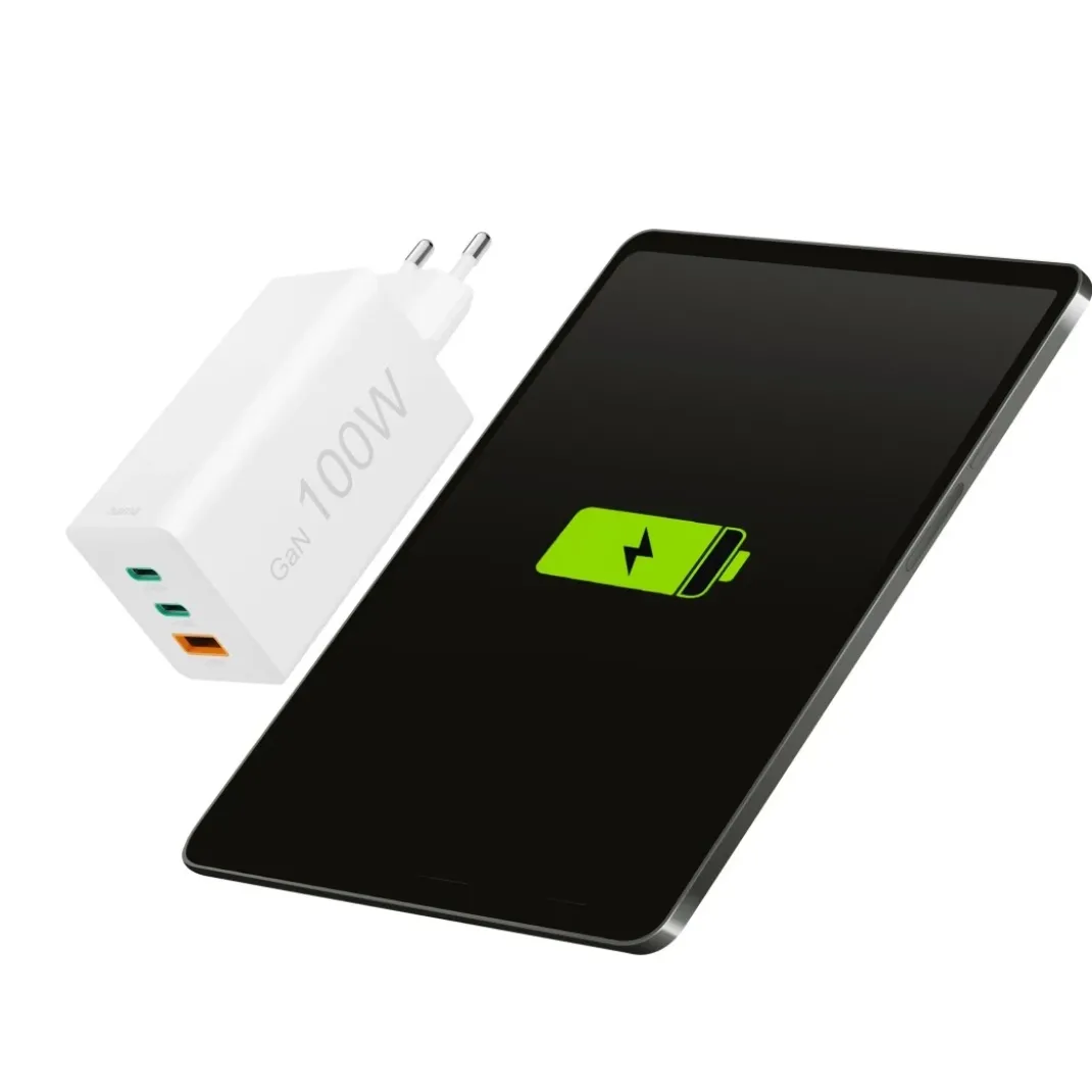 Schnellladegerät, GaN, 2x USB-C, 1x USB-A, Mini-Ladegerät, PD, 100 W, Weiß