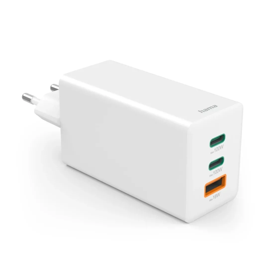 Schnellladegerät, GaN, 2x USB-C, 1x USB-A, Mini-Ladegerät, PD, 100 W, Weiß