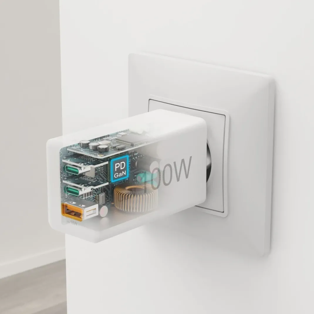 Schnellladegerät, GaN, 2x USB-C, 1x USB-A, Mini-Ladegerät, PD, 100 W, Weiß