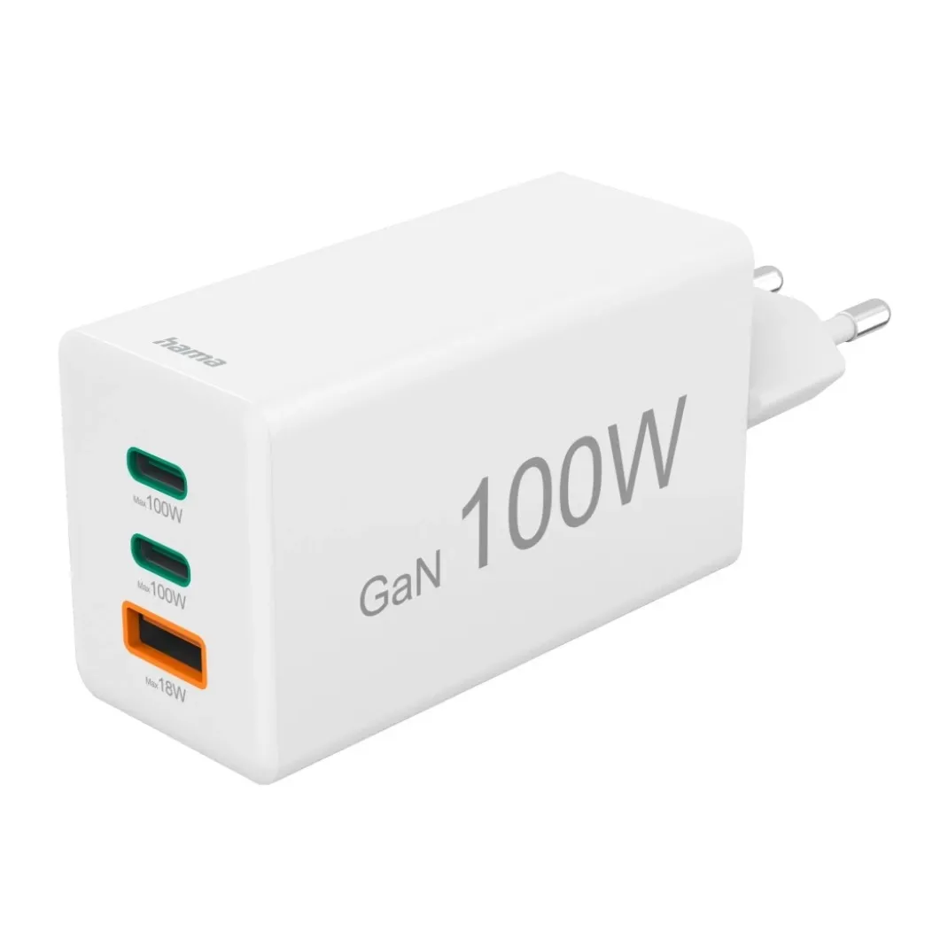 Schnellladegerät, GaN, 2x USB-C, 1x USB-A, Mini-Ladegerät, PD, 100 W, Weiß