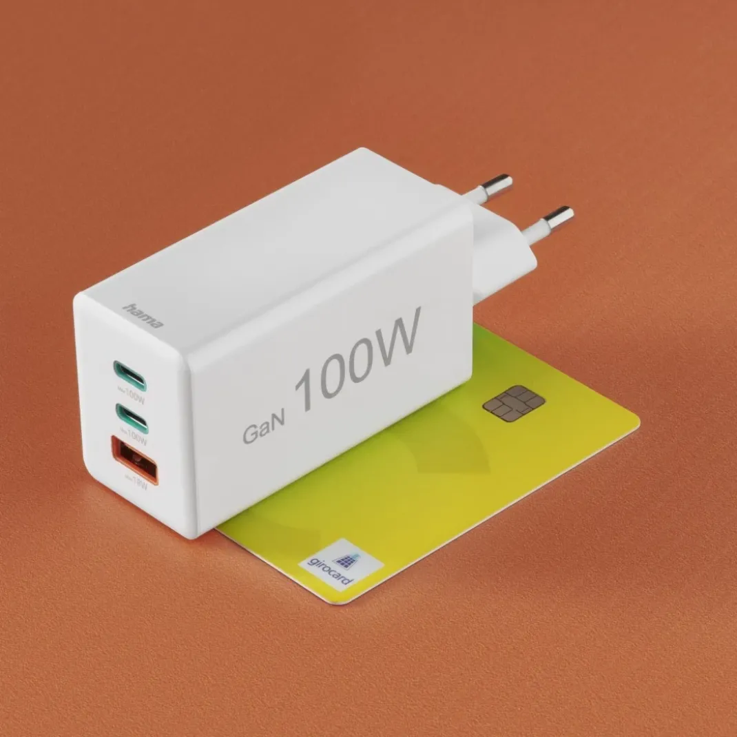 Schnellladegerät, GaN, 2x USB-C, 1x USB-A, Mini-Ladegerät, PD, 100 W, Weiß