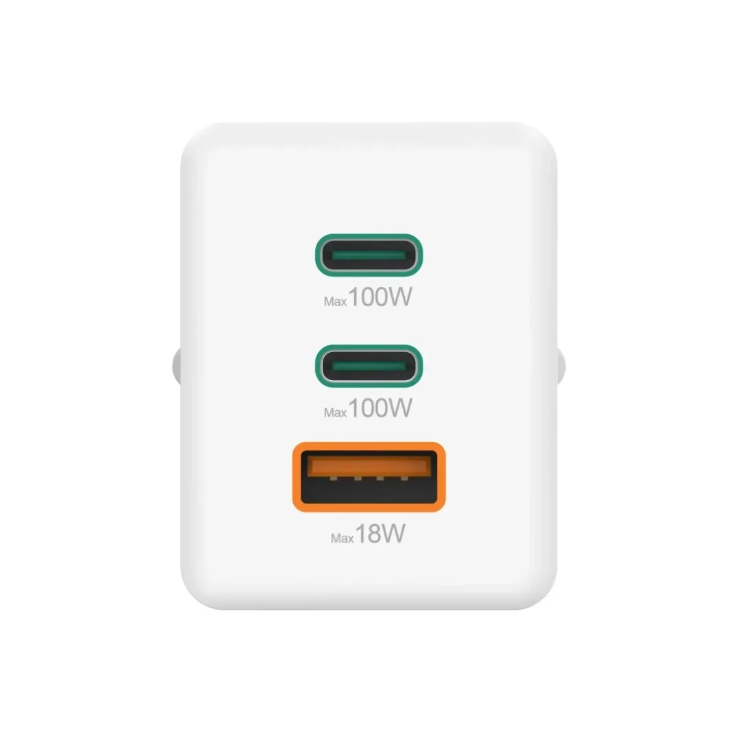 Schnellladegerät, GaN, 2x USB-C, 1x USB-A, Mini-Ladegerät, PD, 100 W, Weiß
