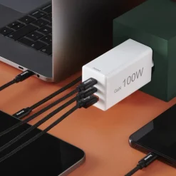 Schnellladegerät, GaN, 2x USB-C, 1x USB-A, Mini-Ladegerät, PD, 100 W, Weiß