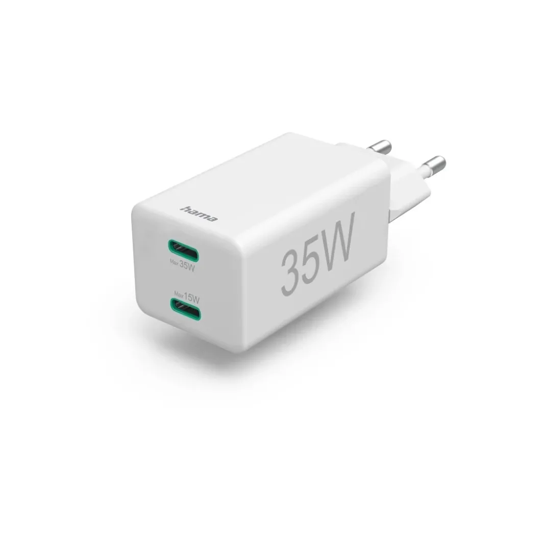 Schnellladegerät, 2x USB-C, PD/Qualcomm®, Mini-Ladegerät, 35 W, Weiß