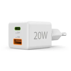 Schnellladegerät, 1x USB-C, 1x USB-A, Mini-Ladegerät, PD, 20 W, Weiß