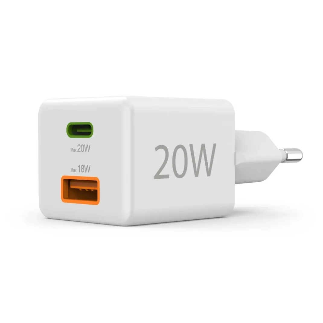 Schnellladegerät, 1x USB-C, 1x USB-A, Mini-Ladegerät, PD, 20 W, Weiß
