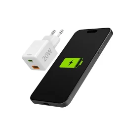 Schnellladegerät, 1x USB-C, 1x USB-A, Mini-Ladegerät, PD, 20 W, Weiß