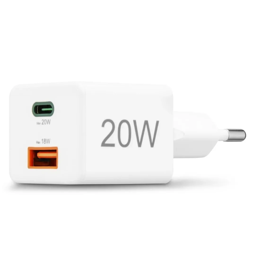 Schnellladegerät, 1x USB-C, 1x USB-A, Mini-Ladegerät, PD, 20 W, Weiß