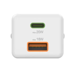Schnellladegerät, 1x USB-C, 1x USB-A, Mini-Ladegerät, PD, 20 W, Weiß