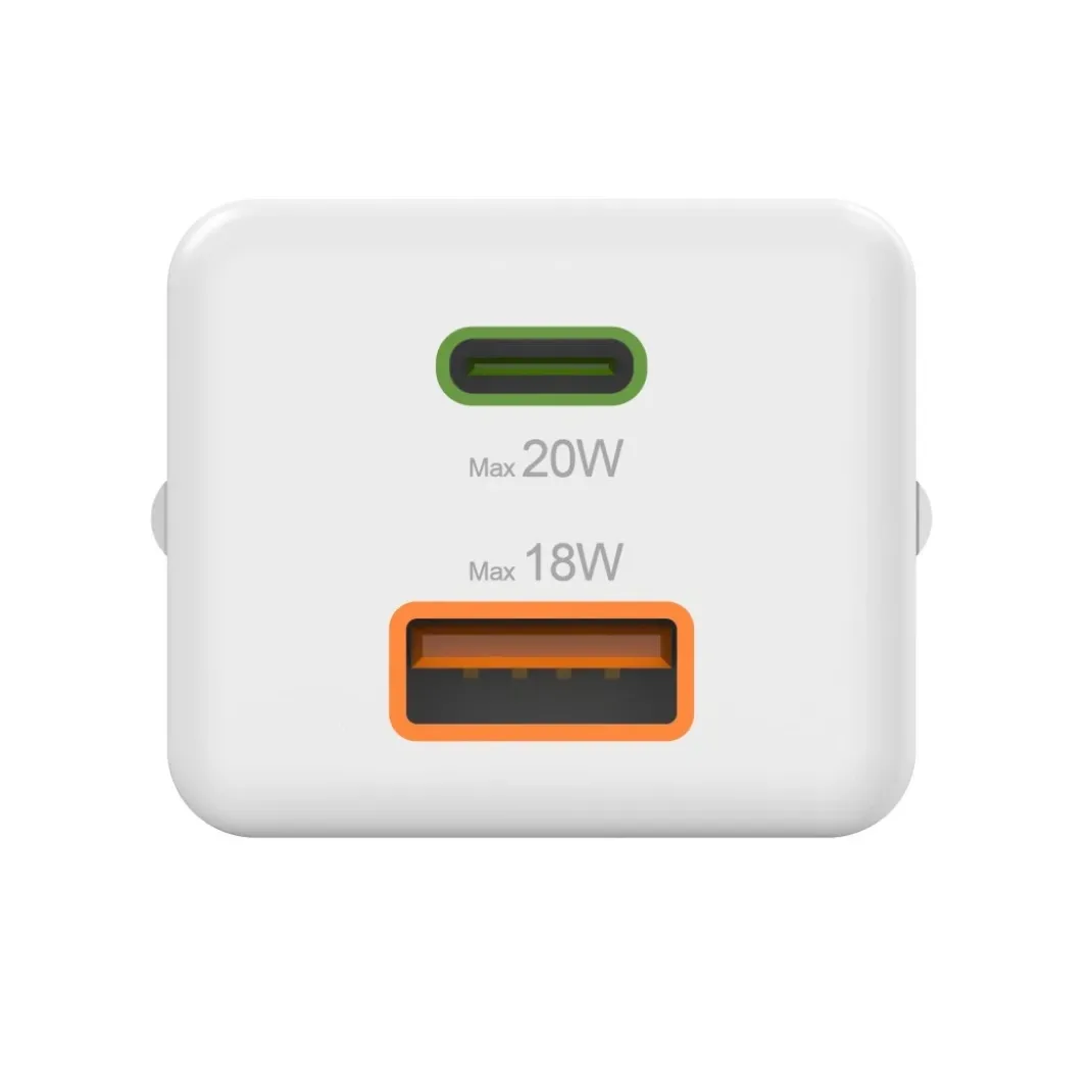 Schnellladegerät, 1x USB-C, 1x USB-A, Mini-Ladegerät, PD, 20 W, Weiß