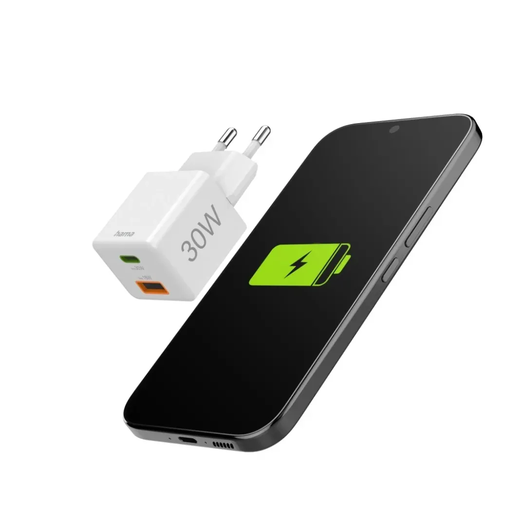 Schnellladegerät, 1x USB-C, 1x USB-A, Mini-Ladegerät, PD, 30 W, Weiß