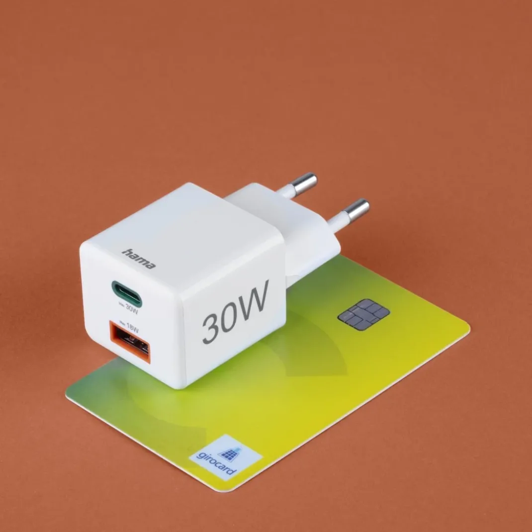 Schnellladegerät, 1x USB-C, 1x USB-A, Mini-Ladegerät, PD, 30 W, Weiß