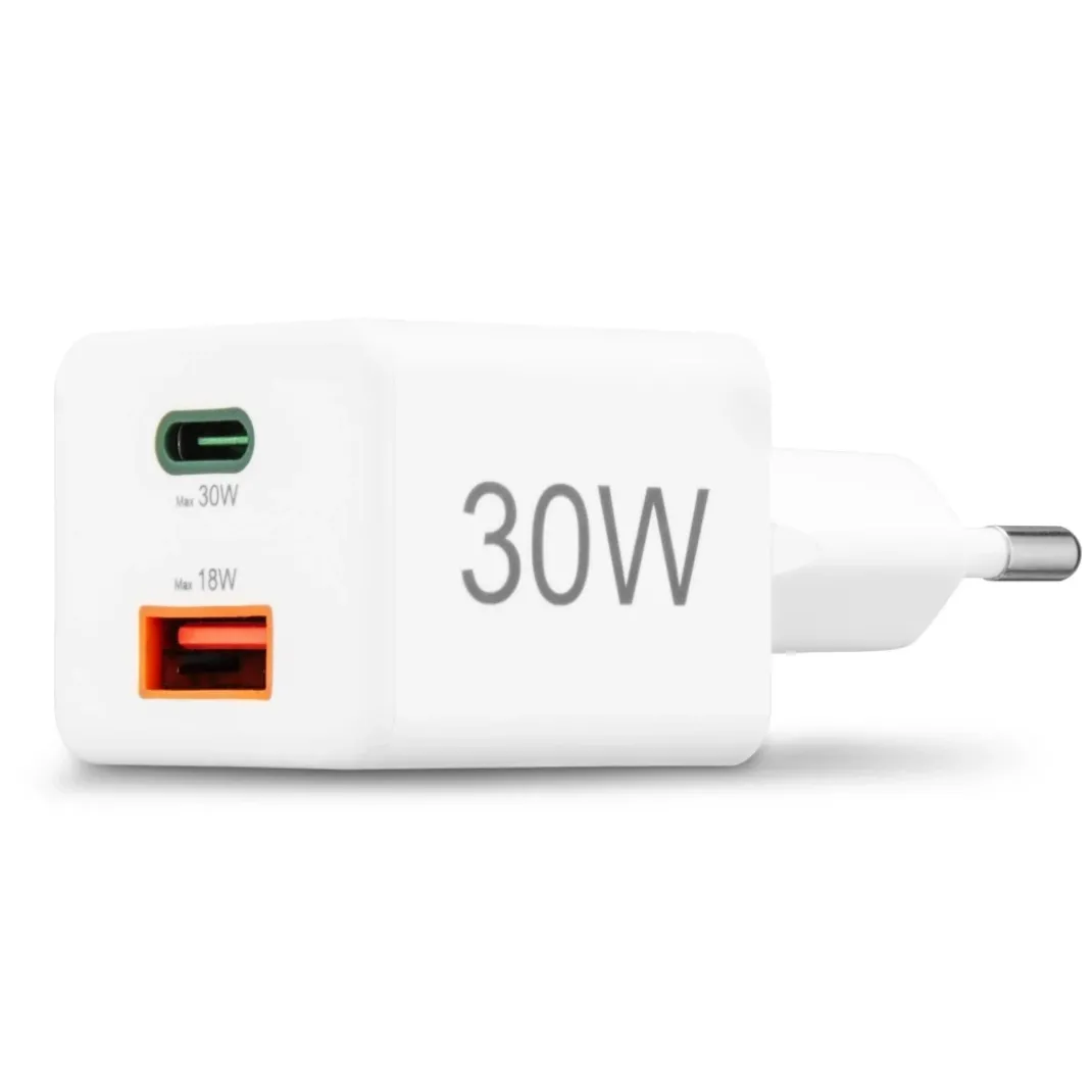 Schnellladegerät, 1x USB-C, 1x USB-A, Mini-Ladegerät, PD, 30 W, Weiß