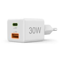 Schnellladegerät, 1x USB-C, 1x USB-A, Mini-Ladegerät, PD, 30 W, Weiß