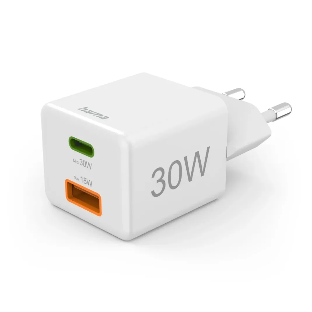 Schnellladegerät, 1x USB-C, 1x USB-A, Mini-Ladegerät, PD, 30 W, Weiß