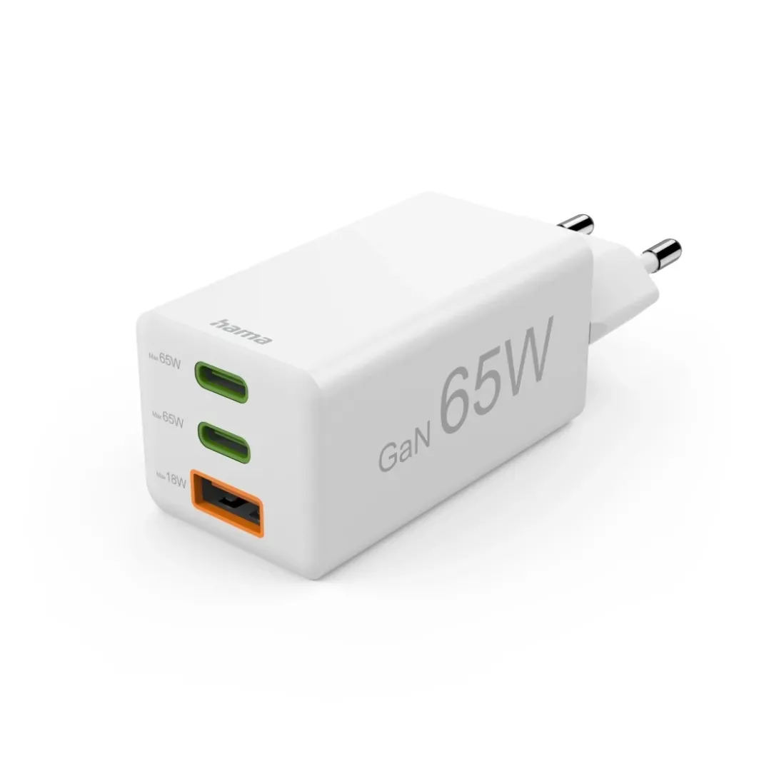Schnellladegerät, 2x USB-C, 1x USB-A, Mini-Ladegerät, PD, 65 W, Weiß