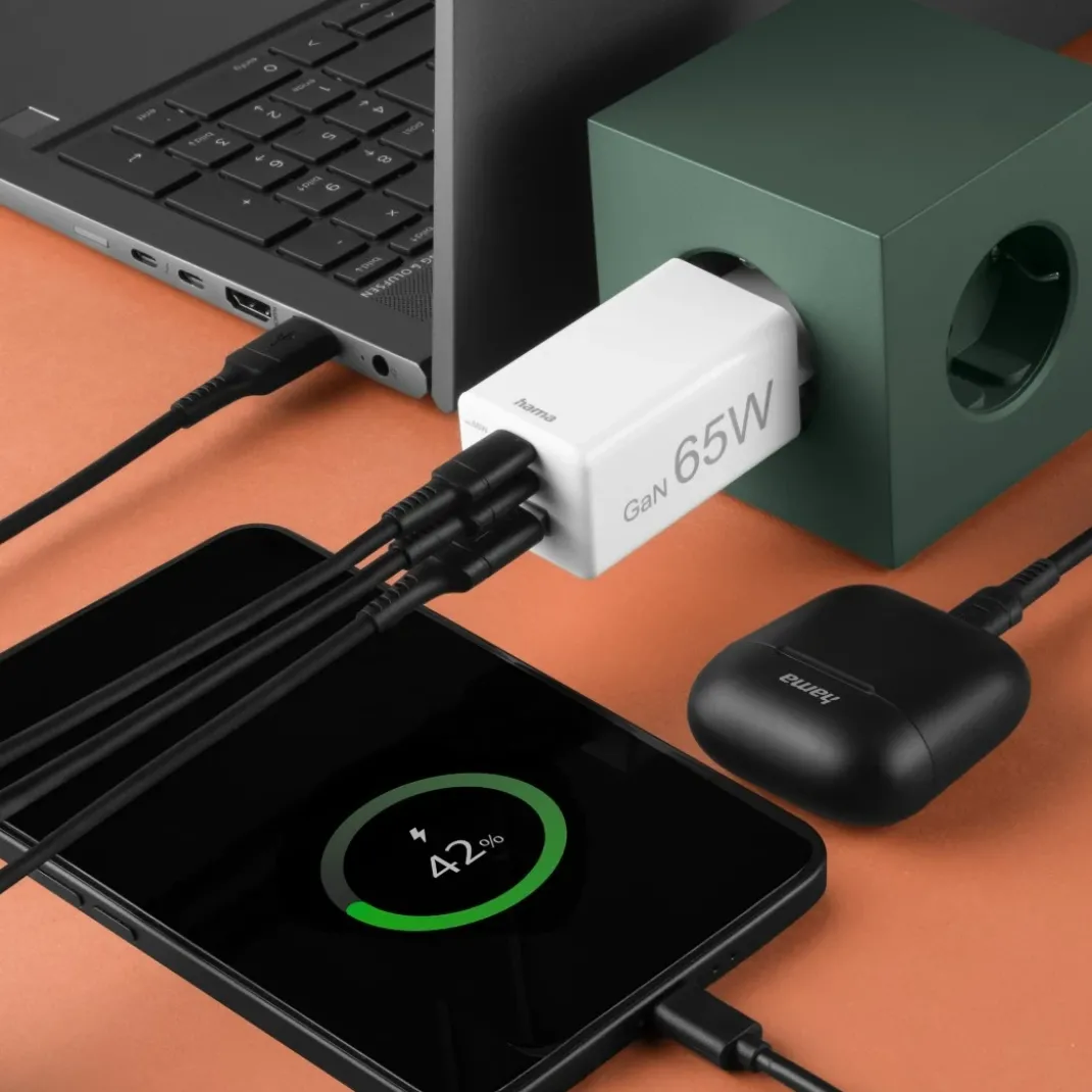 Schnellladegerät, 2x USB-C, 1x USB-A, Mini-Ladegerät, PD, 65 W, Weiß